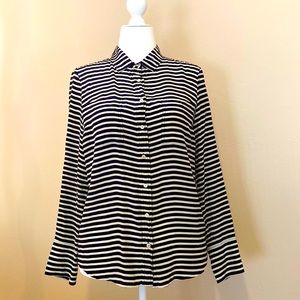 J. Crew Nautical Navy and Cream Stripe 100% Silk - The Boy Shirt - Size 10